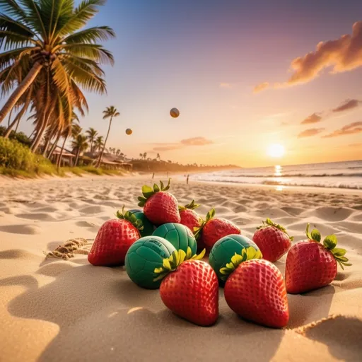 Prompt: Strawberries playing volleyball at sunset on the beach, vibrant red and green colors, sandy shore with palm trees, dynamic action poses, beach ball bouncing mid-air, warm and golden lighting, beach volleyball, juicy strawberries, tropical setting, sunset, action-packed, vibrant colors, beach scene, beach sports, tropical fruits, dynamic poses, fun atmosphere