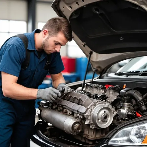 Prompt: Photo of mechanic working on a car engine