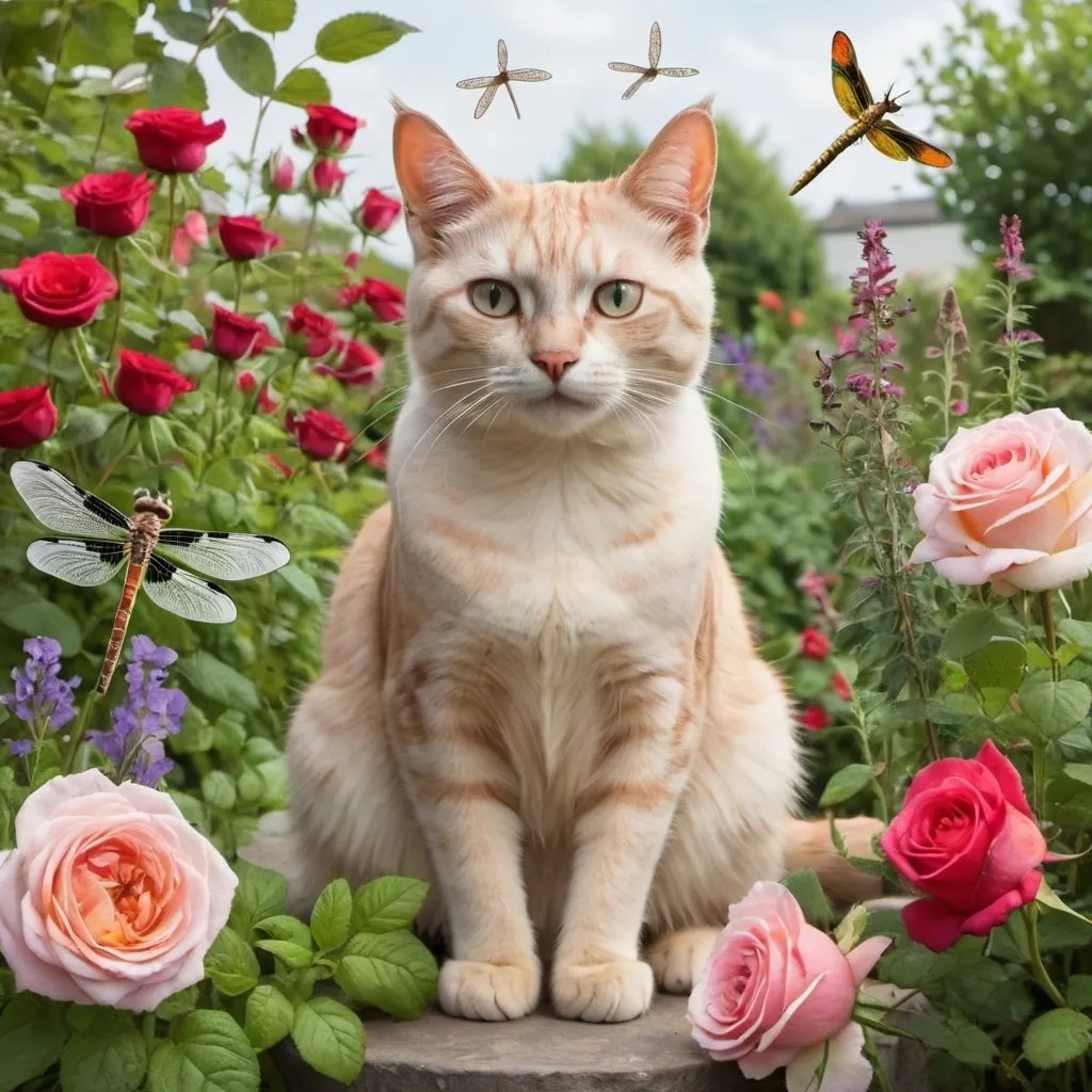 Prompt: Cat in a garden with herbs and roses and dragonflies.