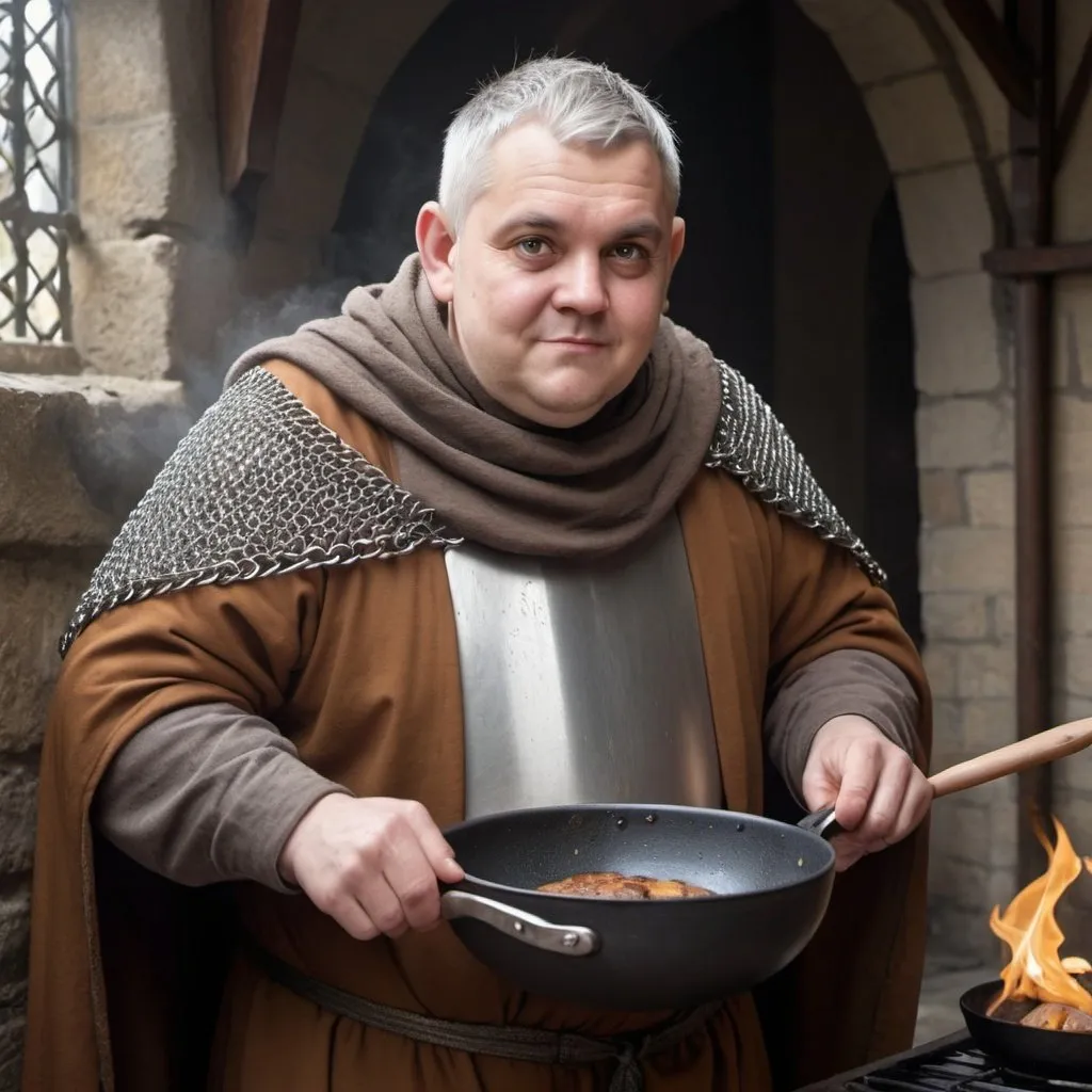 Prompt: A tubby Medieval monk with  a frying pan, clean shaven with grey hair in brown habit covering chainmail