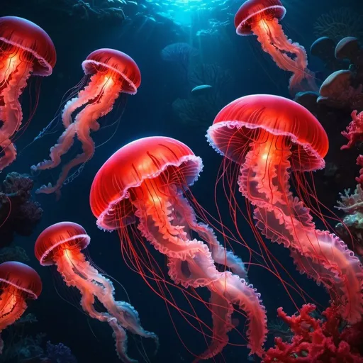 Prompt: Red glowing jellyfish with deep sea coral background, bioluminescent, vibrant red, detailed tentacles, underwater scenery, high quality, digital art, bioluminescent, deep sea coral, glowing red, detailed tentacles, ethereal, vibrant, underwater, professional, atmospheric lighting