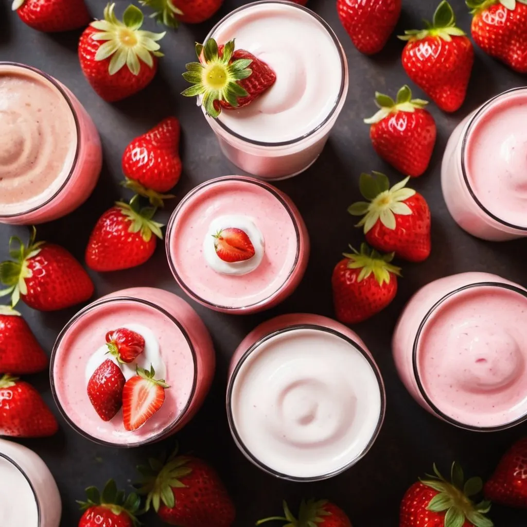 Prompt: a picture with strawberries, strawberry cake, strawberry milkshakes, strawberry 
yoghurt, more strawberries
