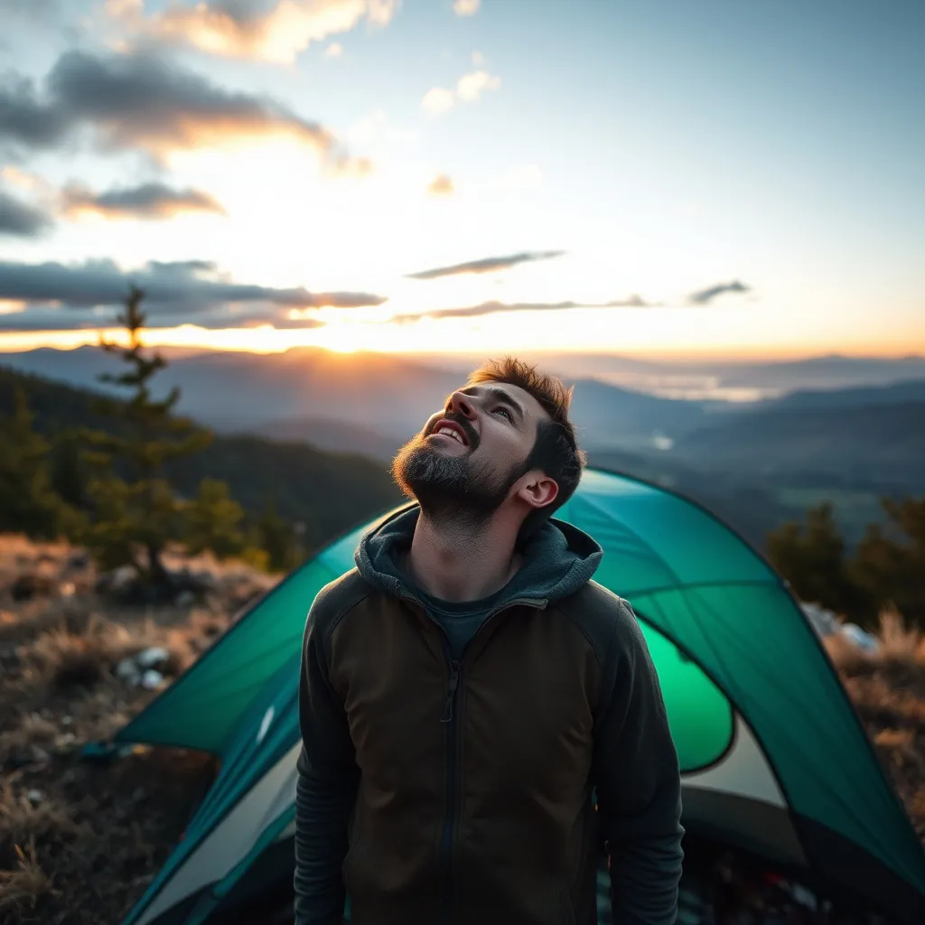 Prompt: A man breathes a sigh of relief in the great outdoors with a stunning view in the background
When he leaves the tent at sunrise