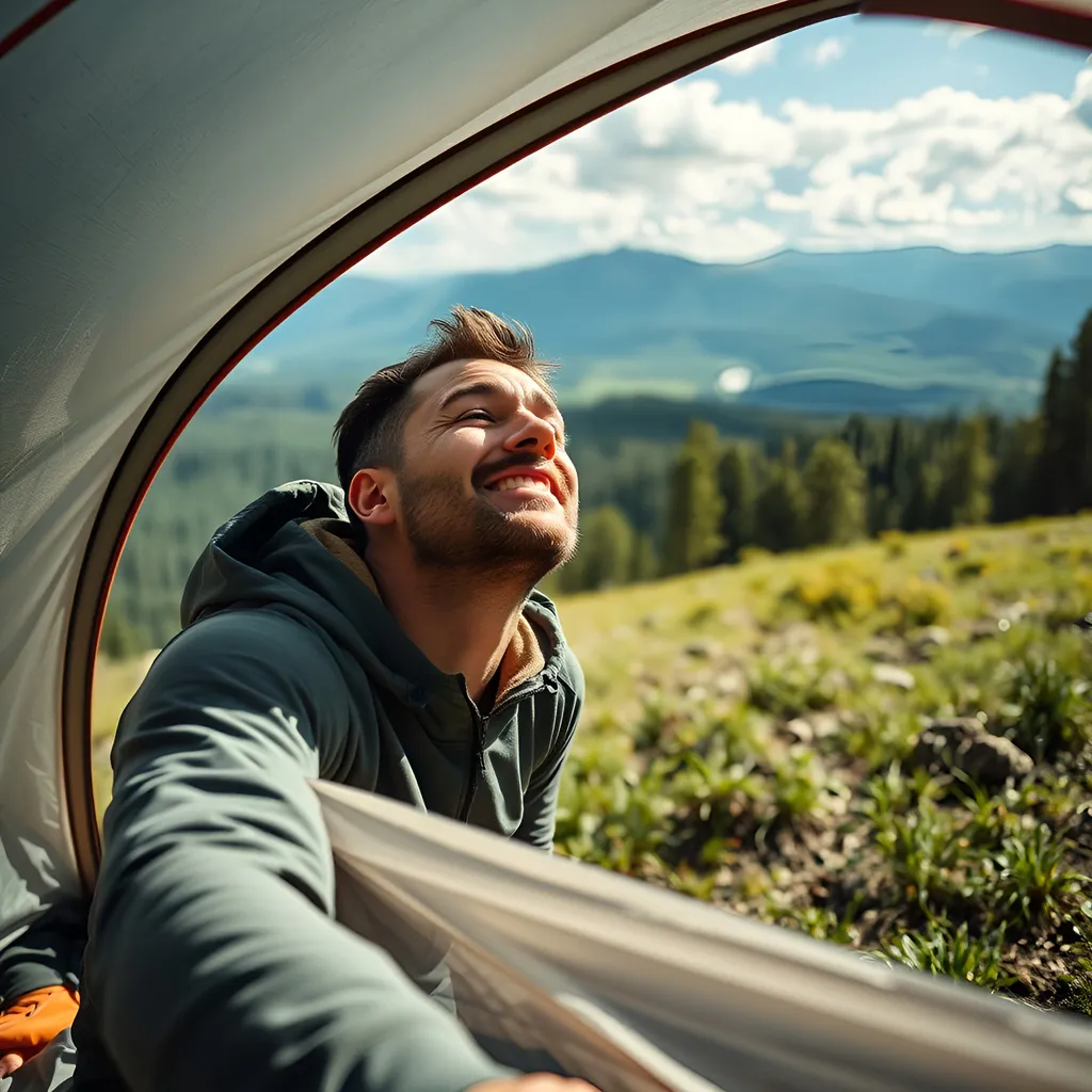 Prompt: A man breathes a sigh of relief in the great outdoors with a stunning view in the background
When he leaves the tent 
at green nature
make it look real and bright