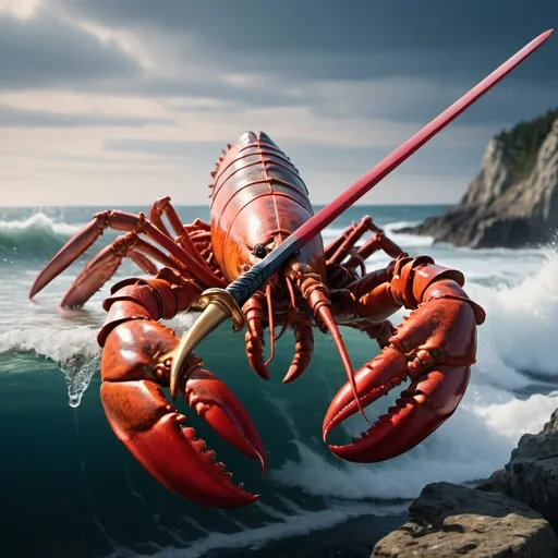 Prompt: (maine lobster holding a sword in its claw), vibrant color tones, dynamic action scene, well-defined claws and armor, intense determination in the lobster's expression, fantasy background with a rugged seascape, waves crashing, high detail, ultra-detailed, cinematic composition, feeling of epic adventure, contrasting shadows and light highlighting the struggle