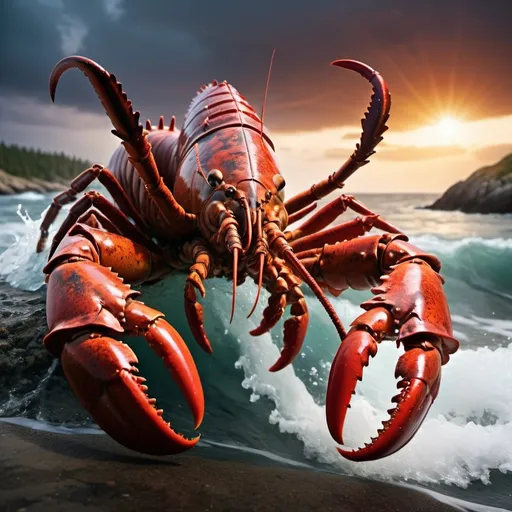 Prompt: (maine lobster fighting, an enemy, with a sword in its claw), vibrant color tones, dynamic action scene, well-defined claws and armor, intense determination in the lobster's expression, fantasy background with a rugged seascape, waves crashing, high detail, ultra-detailed, cinematic composition, feeling of epic adventure, contrasting shadows and light highlighting the struggle