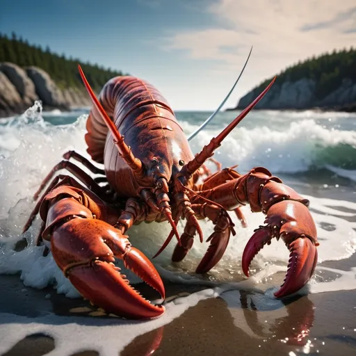 Prompt: (maine lobster fighting an enemy with a sword), vibrant color tones, dynamic action scene, well-defined claws and armor, intense determination in the lobster's expression, fantasy background with a rugged seascape, waves crashing, high detail, ultra-detailed, cinematic composition, feeling of epic adventure, contrasting shadows and light highlighting the struggle