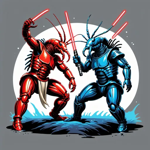 Prompt: (lobsters wielding a lightsaber dueling), dynamic pose, vivid colors, sci-fi theme, dramatic lighting, playful ambiance, high detail, ultra-detailed, imaginative concept, creative fusion of food and fantasy, engaging composition, energetic background, visually striking and whimsical features, bold contrasts, cinematic quality.