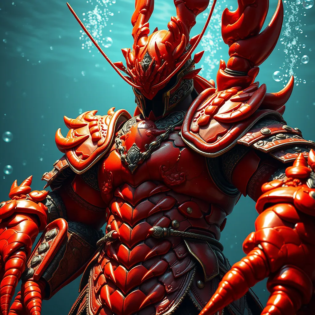 Prompt: (lobster themed Samuri armor), intricately designed armor inspired by lobster features, bright crimson and deep orange hues, glossy texture, unique shells and claws incorporated into the design, dramatic shading, underwater battle scene background, bubbles rising and ethereal lighting, (epic and heroic atmosphere), ultra-detailed, high quality, 4K resolution.