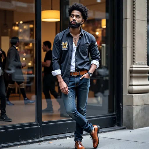 Prompt: @1RyoJvpWJkFLoWvBxXMyA stylish young black man leans casually against a city storefront, his crisp white shirt slightly unbuttoned and his polished brown shoes matching his belt and watch. He looks off into the distance with a calm, confident focus—as if waiting for someone, or perhaps contemplating a decision he hasn't yet made. People pass behind the glass reflections, unaware of the quiet tension in his posture. 