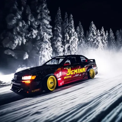 Prompt: A jdm car drifting at night in the mountain in snow