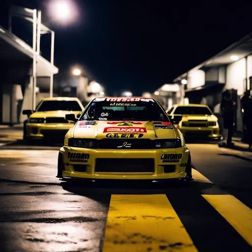 A jdm car drifting at night in the mountain