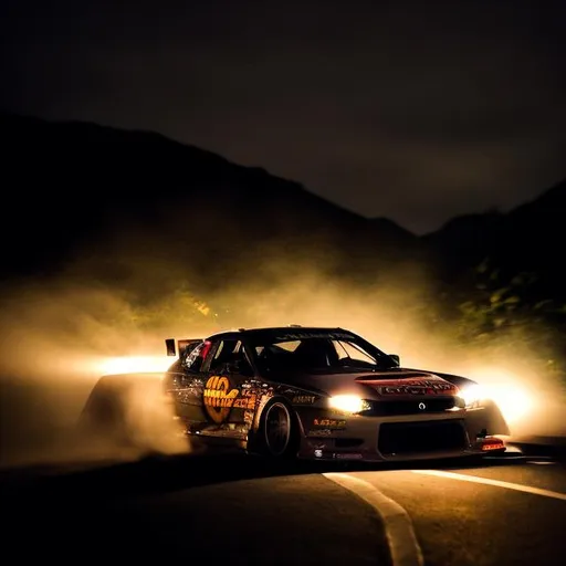 Prompt: A jdm car drifting at night in the mountain