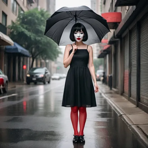 Prompt: A girl with white skin, short bob hair, black bangs covering her eyes, no eyes visible, smiling at the corners of her mouth, standing straight, wearing red lipstick, wearing a random black knee-length dress. Wearing black booth shoes, standing holding a clear umbrella in the middle of a city street, spooky style.