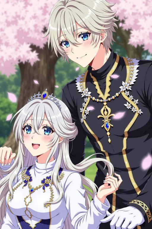 Prompt: @TFxKn2kRIPU1nCotW9Dl In a romantic and whimsical moment, a pair of elegantly dressed characters share an intimate gaze, surrounded by soft pink cherry blossom petals floating gently through the air. The male figure, sporting tousled blonde hair and a smirk, is clad in a dark outfit adorned with gold accents, while the female, with flowing white hair, wears a stunning gown featuring delicate blue and silver details, complemented by ornate jewelry that sparkles subtly. Their joyful expressions and close proximity convey a sense of affection and warmth, and the pastel background creates a dreamy atmosphere, enhancing the enchanting narrative of a blossoming relationship set in a serene, almost fairy-tale like setting.