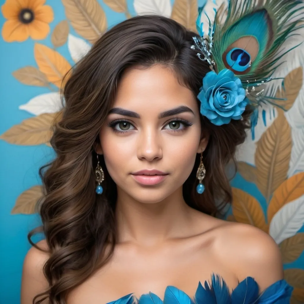 Prompt: Un rostro de mujer hermosa colombiana de contextura media. Cabello muy largo castaño con un adorno de flores azules y aguamarina en el cabello. Su blusa es strapless azul y tiene plumas de pavo real en el estampado. El fondo es azul con flores