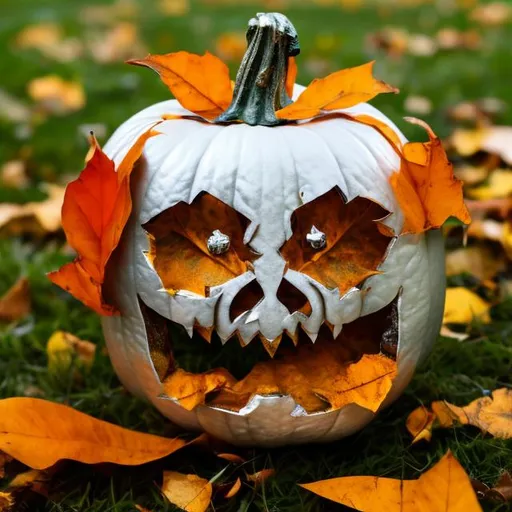 Prompt: a photorealistic gilded, silver, and white jack-o-lantern on orange leaves and green grass