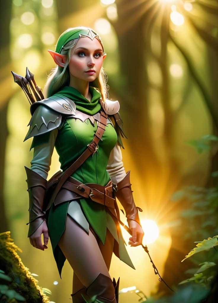 Prompt: Elf ranger in a mystical forest around sunlight