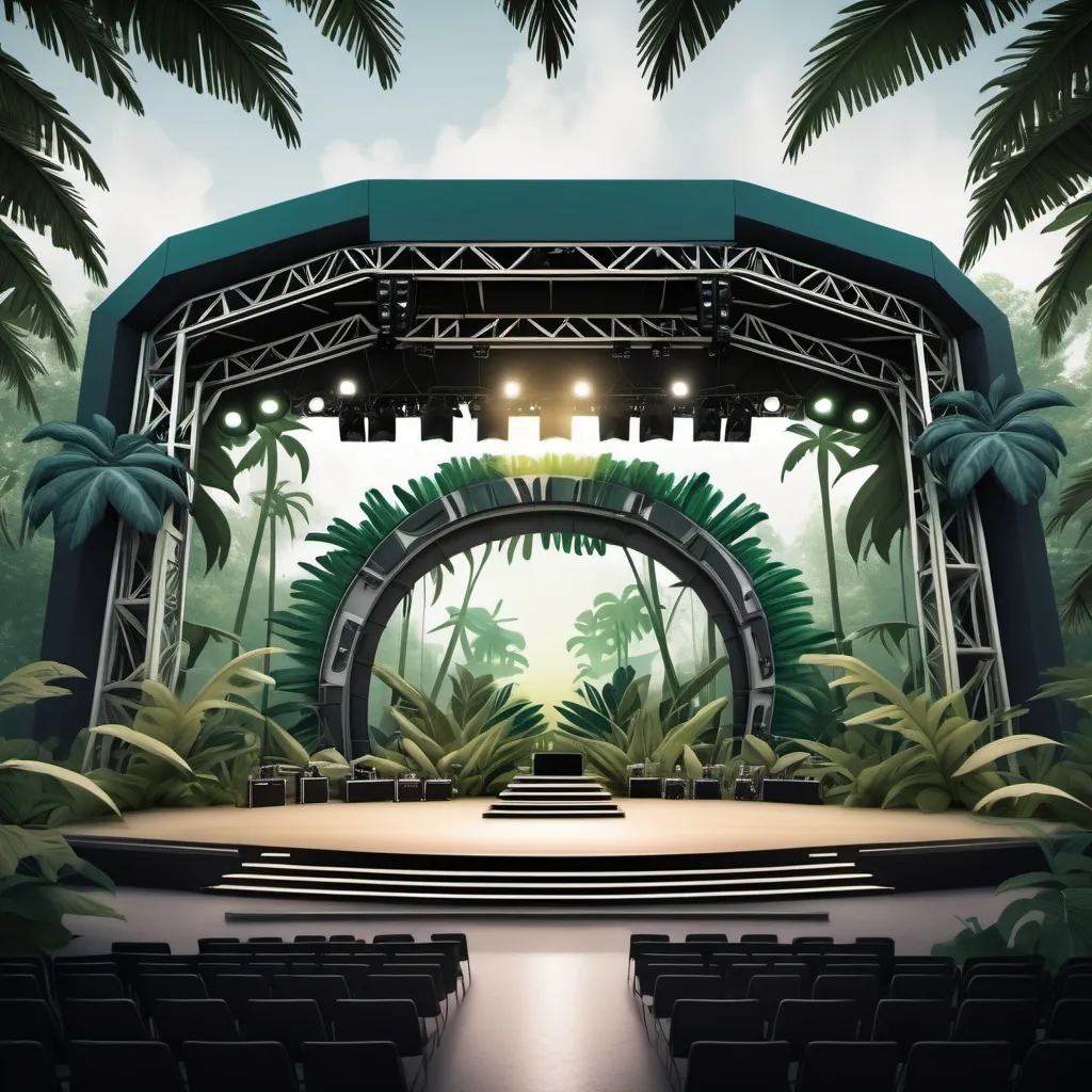 Prompt: Futurist band Festival Stage with Jungle Atmosphere concept in stadium