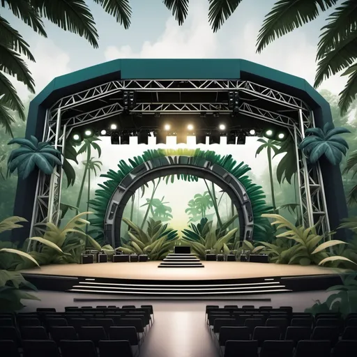 Prompt: Futurist band Festival Stage with Jungle Atmosphere concept in stadium