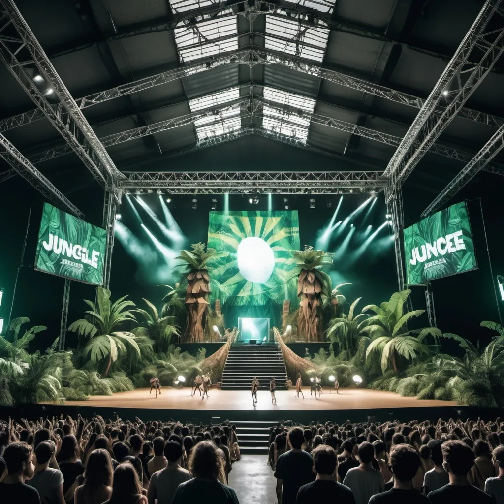 Prompt: Colossal dance Festival Stage with Jungle Atmosphere concept in stadium indoor