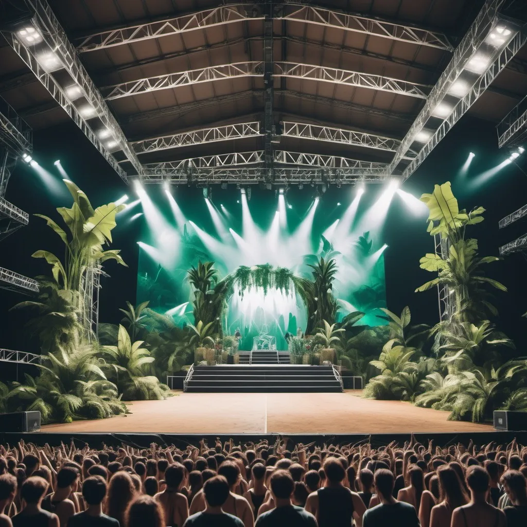 Prompt: Colossal dance Festival Stage with Jungle Atmosphere concept in stadium indoor