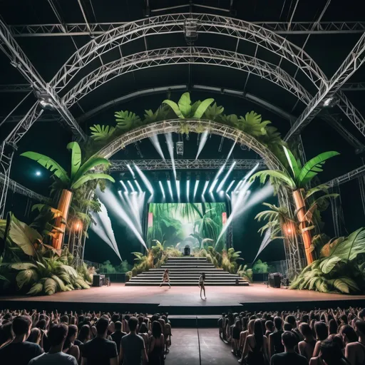 Prompt: Colossal dance Festival Stage with Jungle Atmosphere concept in stadium indoor