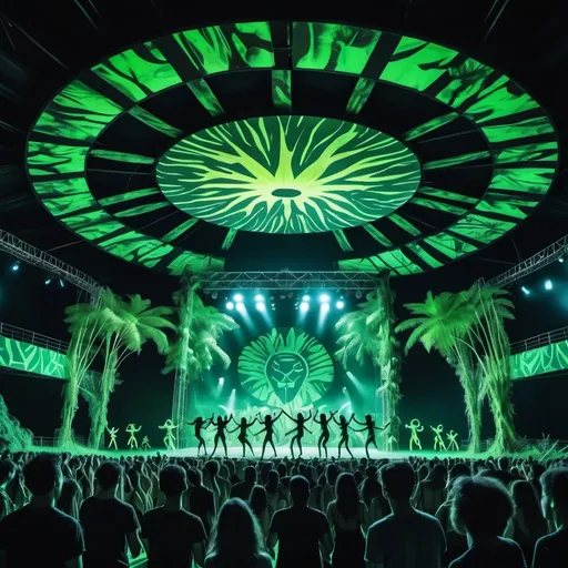 Prompt: Colossal dance perform at festival stage with glow in the dark Jungle Atmosphere concept in stadium indoor