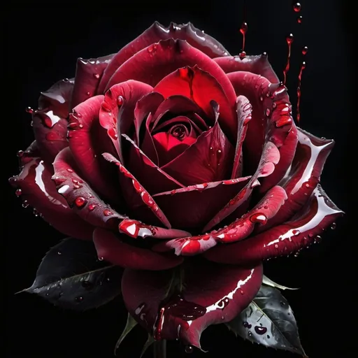 Prompt: Big red rose dripping black blood, dark background, gothic style, high contrast, intense lighting, detailed petals, surreal, dramatic, high quality, dark tones, artistic rendering, gothic, surreal, intense lighting, detailed petals, dramatic, high contrast