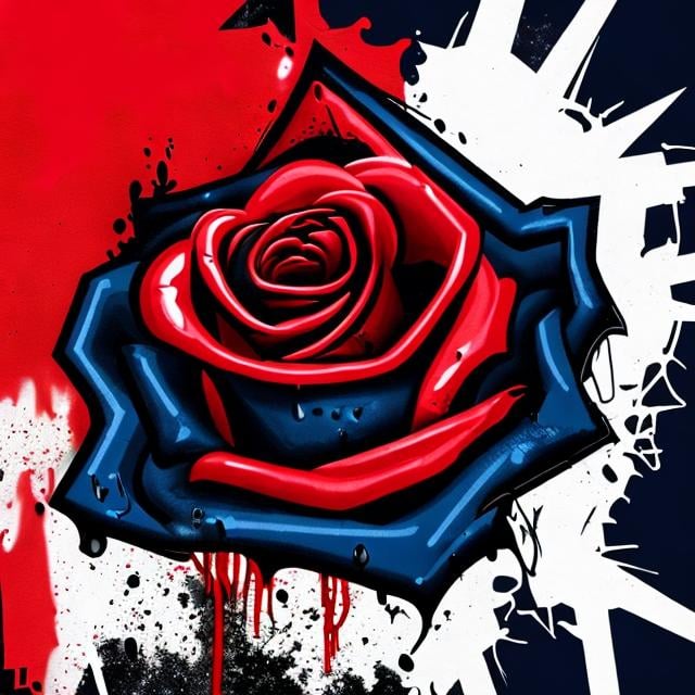 Prompt: A black and white rose that is dripping red blood on a navy blue background that is graffiti style