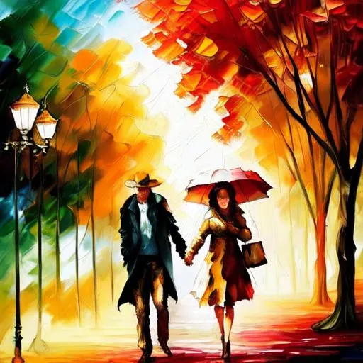 Prompt: An oil painting with a thick palette, thick brush strokes, and a very rough, embossed or protruding texture. A young couple walking in the park. Another older couple sitting on the bench. The atmosphere is vibrant, colorful, with beautiful skies. style of Leonid Afremov.