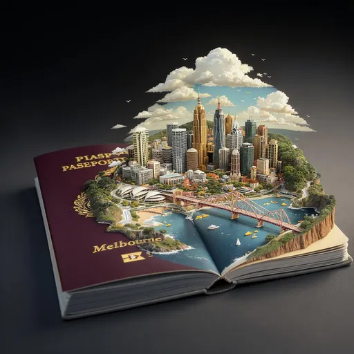 Prompt: Prompt:
A realistic open passport lying on a surface, with the Melbourne, Australia, clearly visible on the cover. Between the inner pages emerges a highly detailed miniature landscape representing Melbourne, Australia, with iconic natural features, architecture, and cultural elements growing out from the paper as a 3D diorama. Soft studio lighting, high detail, cinematic composition. Square 1:1 format.
