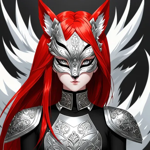 Prompt: Vibrant character portrait, (confident pose), she has (striking red hair) and (piercing grey eyes), standing tall (6'4"), with an (athletic build), dressed in a (sleek black mock neck sleeveless unitard with pockets), layered underneath an (intricate white tungsten breastplate and bracers with silver accents). She wears a (mysterious Kitsune Mask), Utility Belt, Thigh Holster, and (sturdy combat boots), rendered in (ultra-detailed) style. Background is (dynamic and intriguing).