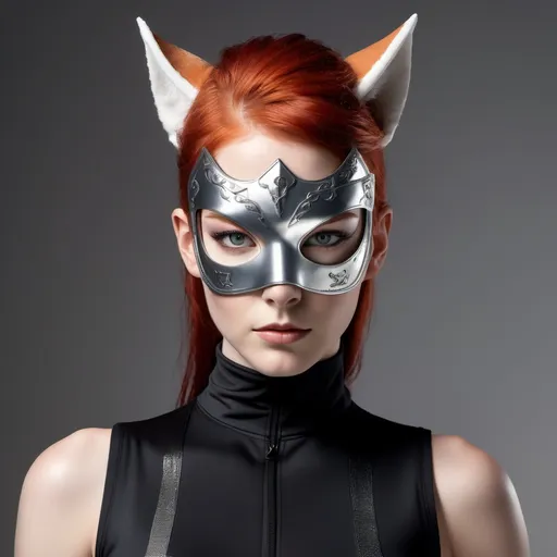 Prompt: Vibrant character portrait, (confident pose), she has (striking red hair) and (piercing grey eyes), standing tall (6'4"), with an (athletic build), dressed in a (sleek black mock neck sleeveless unitard with pockets), layered underneath an (intricate white tungsten breastplate and bracers with silver accents). She wears a (mysterious Kitsune Mask), Utility Belt, Thigh Holster, and (sturdy combat boots), rendered in (ultra-detailed) style. Background is (dynamic and intriguing).