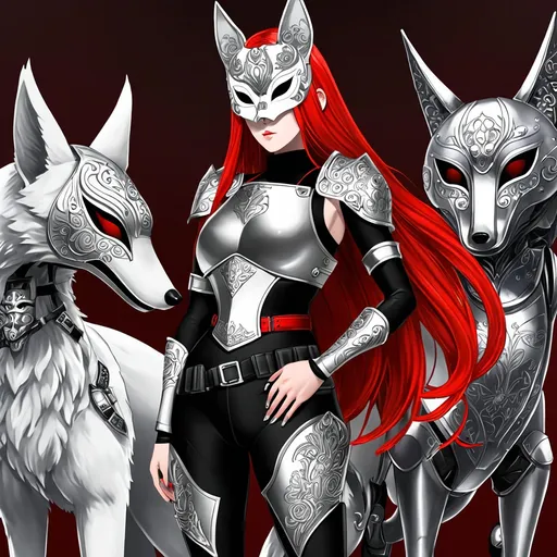 Prompt: (breathtakingly gorgeous tall woman), 6'4" height, 198 lbs, (vivid red hair), (piercing grey eyes), wearing a (black mock neck sleeveless unitard with pockets), (arm sleeves), (white tungsten breastplate with silver accents), (intricate bracers), equipped with a (Kitsune mask), (utility belt), (thigh holster), (dramatic lighting), (cinematic atmosphere), (highly detailed), (striking color contrast), (4K ultra-detailed quality background).