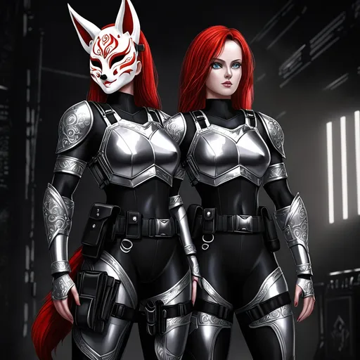 Prompt: gorgeous tall woman, (6'4", 198 lbs) athletic build, (red hair, gray eyes), wearing a stylish black mock neck sleeveless unitard with pockets, (arm sleeves), white tungsten breastplate and bracers with silver accents, (Kitsune mask), utility belt, thigh holster, dramatic lighting, detailed textures, ultra-detailed, high resolution, powerful and confident pose, atmosphere conveys strength and mystery.