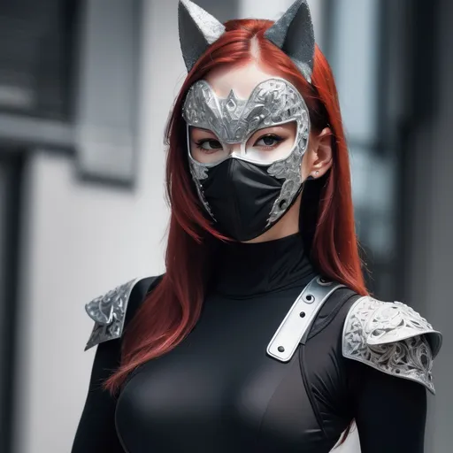 Prompt: Vibrant character portrait, (confident pose), she has (striking red hair) and (piercing grey eyes), standing tall (6'4"), with an (athletic build), dressed in a (sleek black mock neck sleeveless unitard with pockets), layered underneath an (intricate white tungsten breastplate and bracers with silver accents). She wears a (mysterious Kitsune Mask), Utility Belt, Thigh Holster, and (sturdy combat boots), rendered in (ultra-detailed) style. Background is (dynamic and intriguing).