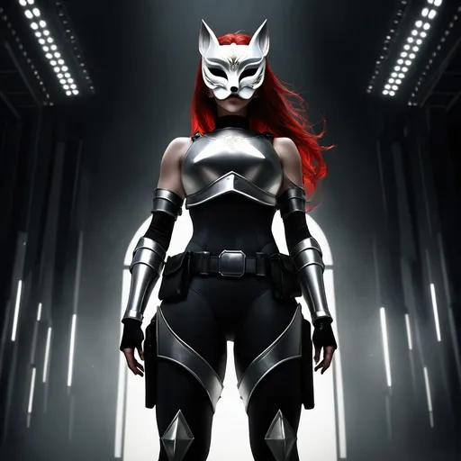 Prompt: (breathtakingly gorgeous tall woman), 6'4", 198 lbs, (red hair), (grey eyes), (wearing a black mock neck sleeveless unitard with pockets), (arm sleeves), (white tungsten breastplate), (silver accent bracers), (Kitsune mask), (utility belt), (thigh holster), dramatic lighting, cinematic depth, striking contrast, ultra-detailed, fierce expression, powerful pose, divine atmosphere, high quality.