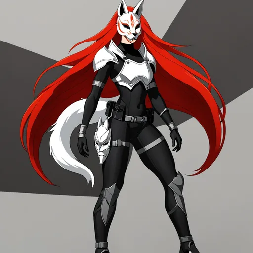 Prompt: (gorgeous tall woman), athletic build, (6'4"), (198 lbs), striking red hair, piercing grey eyes, wearing a sleek black mock neck sleeveless unitard with pockets, stylish arm sleeves, a striking white tungsten breastplate and bracers with silver accents, adorned with a mythical Kitsune mask, equipped with a utility belt and thigh holster, dramatic lighting, dynamic pose, cinematic depth, ultra-detailed, high quality.