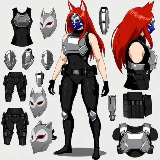 Prompt: gorgeous tall woman, (6'4", 198 lbs) athletic build, striking red hair, piercing grey eyes, (black mock neck sleeveless unitard) with pockets, (white tungsten breastplate) with silver accents and bracers, (Kitsune mask) partially concealing her face, (utility belt) equipped with gadgets, thigh holster for weapons, dramatic dynamic pose, high quality, (cinematic lighting), mysterious atmosphere, epic fantasy setting in a futuristic cityscape backdrop.