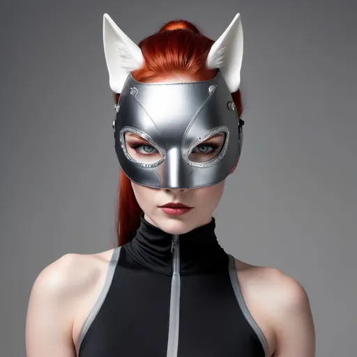 Prompt: Vibrant character portrait, (confident pose), she has (striking red hair) and (piercing grey eyes), standing tall (6'4"), with an (athletic build), dressed in a (sleek black mock neck sleeveless unitard with pockets), layered underneath an (intricate white tungsten breastplate and bracers with silver accents). She wears a (mysterious Kitsune Mask), Utility Belt, Thigh Holster, and (sturdy combat boots), rendered in (ultra-detailed) style. Background is (dynamic and intriguing).