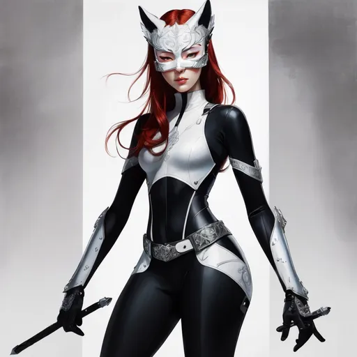 Prompt: Vibrant character portrait, (confident pose), she has (striking red hair) and (piercing grey eyes), standing tall (6'4"), with an (athletic build), dressed in a (sleek black mock neck sleeveless unitard with pockets), layered underneath an (intricate white tungsten breastplate and bracers with silver accents). She wears a (mysterious Kitsune Mask), Utility Belt, Thigh Holster, and (sturdy combat boots), rendered in (ultra-detailed) style. Background is (dynamic and intriguing).