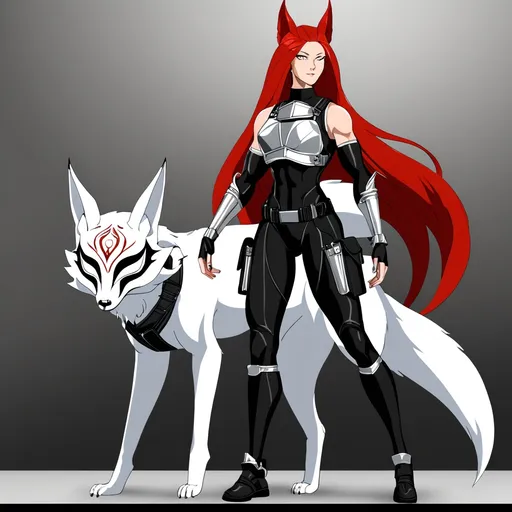 Prompt: (gorgeous tall woman), athletic build, (6'4"), (198 lbs), striking red hair, piercing grey eyes, wearing a sleek black mock neck sleeveless unitard with pockets, stylish arm sleeves, a striking white tungsten breastplate and bracers with silver accents, adorned with a mythical Kitsune mask, equipped with a utility belt and thigh holster, dramatic lighting, dynamic pose, cinematic depth, ultra-detailed, high quality.