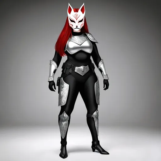 Prompt: Gorgeous tall woman (6'4", 198 lbs) in athletic pose, striking red hair, captivating grey eyes, wearing a fitted black mock neck sleeveless unitard with functional pockets, sleek arm sleeves, intricate white tungsten breastplate, and refined bracers with silver accents, adorned with a dramatic Kitsune mask, robust utility belt, and practical thigh holster, set against a dynamic backdrop, ultra-detailed, high definition, vibrant colors showcasing strength and elegance.