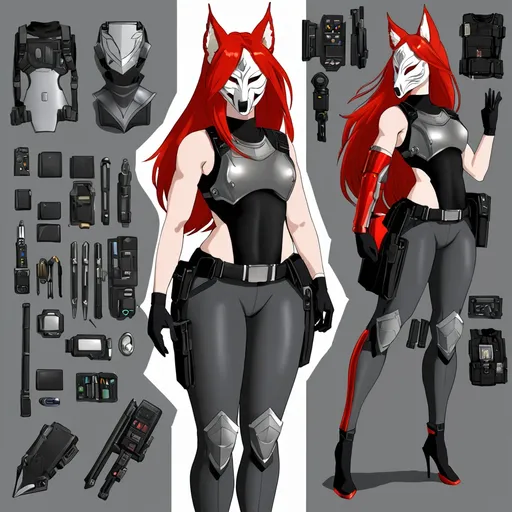 Prompt: gorgeous tall woman, (6'4", 198 lbs) athletic build, striking red hair, piercing grey eyes, (black mock neck sleeveless unitard) with pockets, (white tungsten breastplate) with silver accents and bracers, (Kitsune mask) partially concealing her face, (utility belt) equipped with gadgets, thigh holster for weapons, dramatic dynamic pose, high quality, (cinematic lighting), mysterious atmosphere, epic fantasy setting in a futuristic cityscape backdrop.