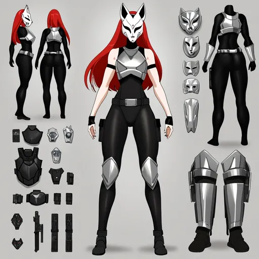 Prompt: gorgeous tall woman, (6'4", 198 lbs) athletic build, striking red hair, piercing grey eyes, (black mock neck sleeveless unitard) with pockets, (white tungsten breastplate) with silver accents and bracers, (Kitsune mask) partially concealing her face, (utility belt) equipped with gadgets, thigh holster for weapons, dramatic dynamic pose, high quality, (cinematic lighting), mysterious atmosphere, epic fantasy setting in a futuristic cityscape backdrop.