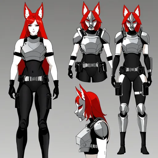 Prompt: gorgeous tall woman, (6'4", 198 lbs) athletic build, striking red hair, piercing grey eyes, (black mock neck sleeveless unitard) with pockets, (white tungsten breastplate) with silver accents and bracers, (Kitsune mask) partially concealing her face, (utility belt) equipped with gadgets, thigh holster for weapons, dramatic dynamic pose, high quality, (cinematic lighting), mysterious atmosphere, epic fantasy setting in a futuristic cityscape backdrop.