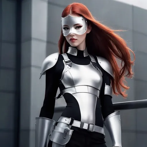 Prompt: (breathtakingly gorgeous tall woman), 6'4", 198 lbs, (red hair), (grey eyes), (wearing a black mock neck sleeveless unitard with pockets), (arm sleeves), (white tungsten breastplate), (silver accent bracers), (Kitsune mask), (utility belt), (thigh holster), dramatic lighting, cinematic depth, striking contrast, ultra-detailed, fierce expression, powerful pose, divine atmosphere, high quality.