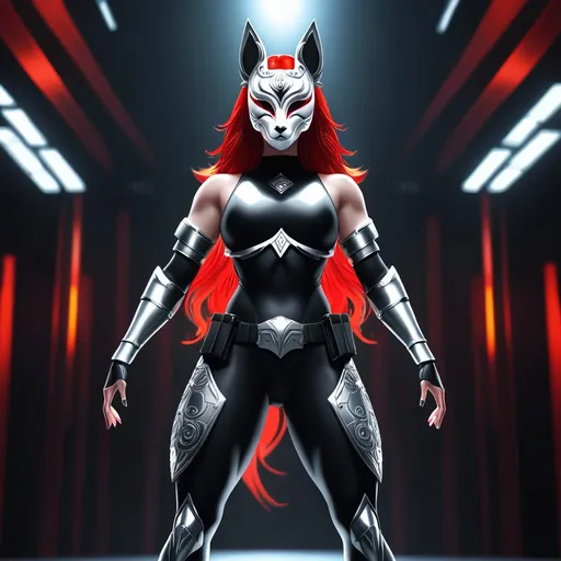 Prompt: gorgeous tall woman (6'4", 198 lbs, athletic build), red hair, grey eyes, wearing a sleek black mock neck sleeveless unitard with pockets, arm sleeves, white tungsten breastplate with silver accents, bracers, intricate Kitsune mask, utility belt, thigh holster, dynamic pose, striking presence, vibrant lighting, cinematic atmosphere, high-resolution, ultra-detailed background, evoking strength and confidence.