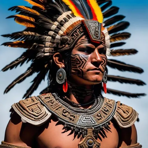 Prompt: 1. Aztec Warrior Appearance:
   - Draw or create 3D models of Aztec warriors with accurate physical features like brown skin tone, black hair, and facial markings.
   - Design distinctive feathered headdresses, helmets, and elaborate costumes adorned with colorful feathers, beads, and intricate patterns.
   - Pay attention to details such as body paint, tattoos, and jewelry that were commonly worn by Aztec warriors.

2. Weaponry and Battle Gear:
   - Show Aztec warriors carrying weapons like macuahuitl (a wooden sword embedded with obsidian blades), shields, and spears.
   - Ensure accuracy in the design and texture of these weapons and depict any decorative elements such as carvings or engravings.

3. Group Formation and Postures:
   - Arrange the Aztec warriors in dynamic and engaging poses, reflecting the intensity and fierceness of battle.
   - Consider showcasing them in formation, such as a row or a pyramid structure, to evoke a sense of unity and strategy.

4. Setting and Background:
   - Create a background that resembles an Aztec city or a jungle landscape, with vibrant hues and elements of Mesoamerican architecture or vegetation.